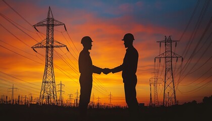 Silhouette of workers shaking hands at sunset.