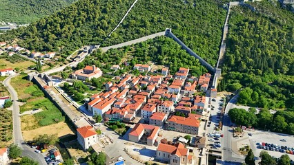 Ston, surrounded by medieval city walls, a town on the Pelješac peninsula, Dalmatia, Croatia,...