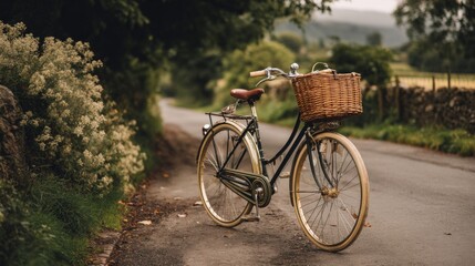 Fototapeta premium A classic vintage bicycle with a wicker basket parked on a quiet countryside road, surrounded by greenery