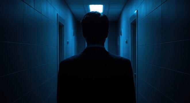 Man standing in dark hallway with blue lighting and closed doors  