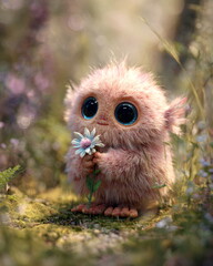 A high-resolution stock photo of a plush toy called Labuba, designed as a cute fantasy creature with soft pastel fur, big round embroidered eyes, small ears, and tiny plush paws
