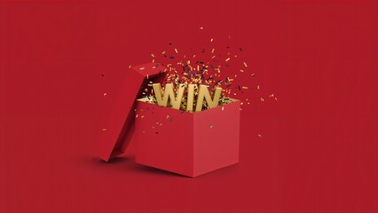 Red Gift Box with WIN Text and Confetti Explosion