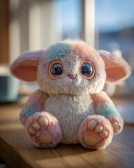 A high-resolution stock photo of a plush toy called Labuba, designed as a cute fantasy creature with soft pastel fur, big round embroidered eyes, small ears, and tiny plush paws