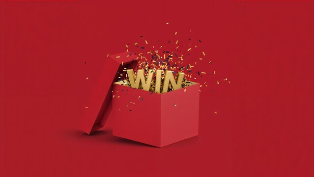 Red Gift Box with WIN Text and Confetti Explosion