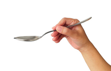 hand holding metal spoon on white
