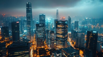 Obraz premium Illuminated Metropolis: An aerial panorama of a sprawling urban skyline at dusk