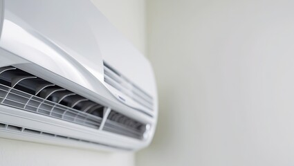 A close-up view of a modern air conditioning unit mounted on a wall.