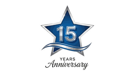 Obraz premium 15 Years Anniversary Logo, Blue Star, Silver Accents
