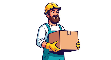 Cheerful Bearded Construction Worker in Yellow Helmet Carrying a Cardboard Box