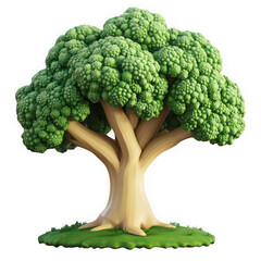 A stylized broccoli tree with green florets and a tan trunk on a grassy base