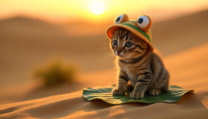 Tiny cat wearing a frog hat sitting on a leaf, bokeh background, high detail