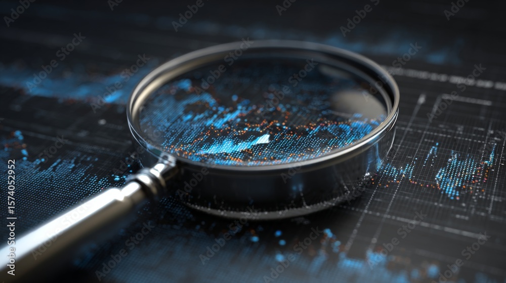 Poster a close-up of a magnifying glass focusing on a specific section of a d graph, representing detailed 