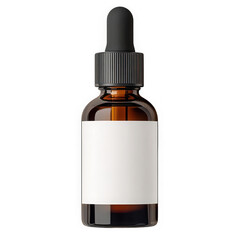 Amber glass dropper bottle with black cap and white label
