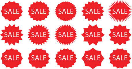 Starburst sale price stickers and labels, star and rosette, sunburst, callout and splash, stamp and tag badges, Isolated vector circle and oval red stickers