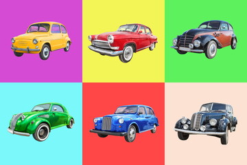 set of retro cars on color background