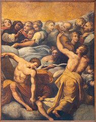 PIACENZA, ITALY - MAY 19, 2025: The painting of Angels with the music instuments and saints in the...