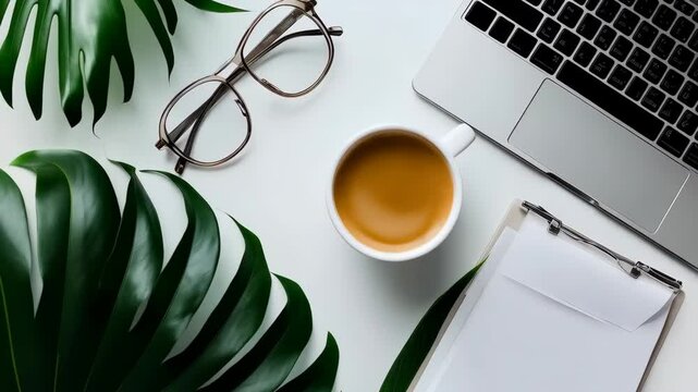 An inviting workspace setup featuring coffee, a laptop, glasses, and a plant, creating a tranquil scene perfect for focusing on remote work or study.