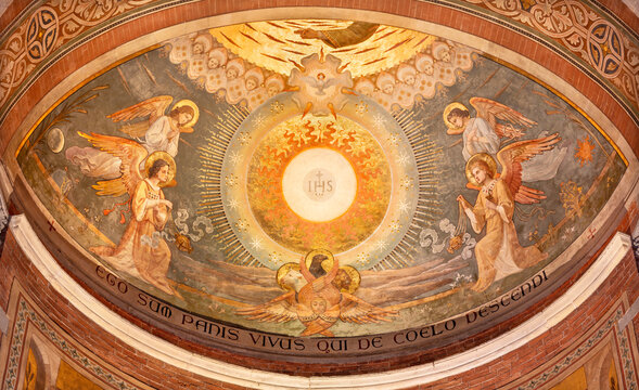 PIACENZA, ITALY - MAY 19, 2025: The fresco Triumph of Eucharist in the Cahtedral - Cattedrale di Santa Maria Assunta e Santa Giustina by Eugenio Cisterna from year 1901.