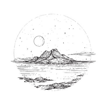 Serene mountain landscape under a starry night sky for design use