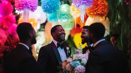 Joyful Friends in Tuxedos at a Vibrant Dinner Party