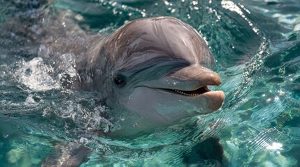 Fototapeta premium A close-up of a smiling dolphin swimming near the waters surface.