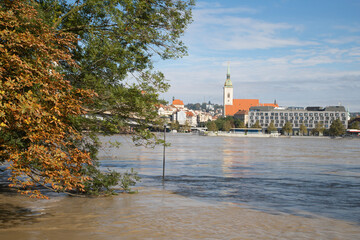 Bratislava - Danube at high flood in 17. September 2024 and st. Martins cathedral in background