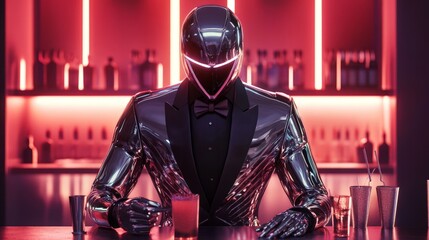 Futuristic Bartender in Neon Bar Environment