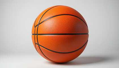 A realistic image of a basketball on a white background. The ball features the classic pebbled leather texture and bold black panel lines, showcasing the detail and quality of professional sports equi
