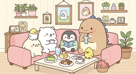 Cozy Cartoon Friends Enjoying a Meal in a Pastel Home.