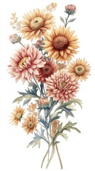 Beautiful autumn flowers watercolor illustration featuring sunflowers and dahlias isolated