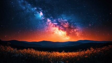 Obraz premium Spectacular Milky Way Over Field of Flowers and Rolling Hills Landscape