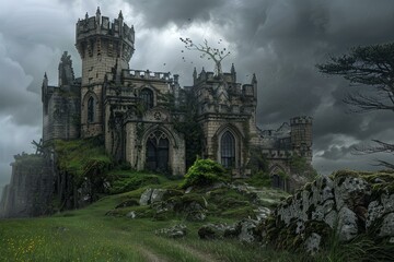 Overgrown ruins of a gothic castle stand on a hilltop under a stormy sky, creating a mysterious and dramatic scene