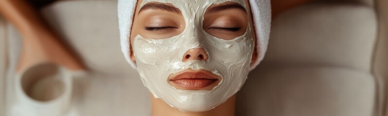 Fototapeta premium Woman with a facial mask on her face banner copy space