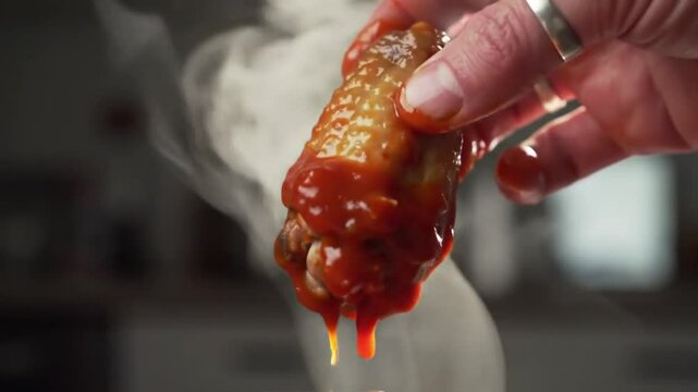 A close-up of a hand dipping a hot chicken wing into a bowl of spicy sauce with steam rising
