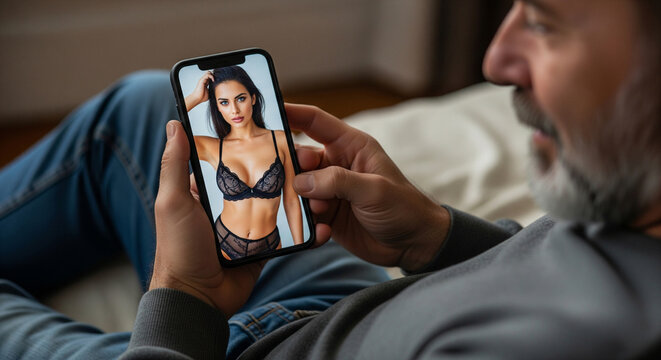 Smartphone in man's hands, on smartphone screen charming woman in erotic lingerie. Online sex communication, watching porn, live chat, intimate communication, adult content, online dating - Powered by Adobe