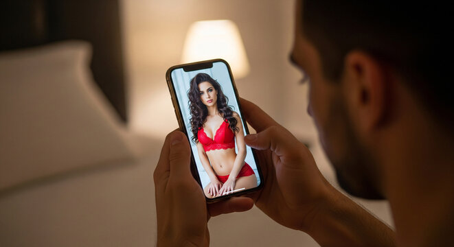 Smartphone in man's hands, on smartphone screen charming woman in erotic lingerie. Online sex communication, watching porn, live chat, intimate communication, adult content, online dating