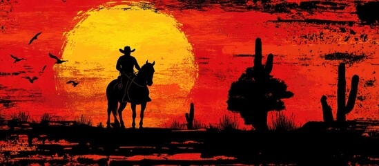 Naklejka premium Sunset silhouette of a cowboy on horseback in the arid desert landscape