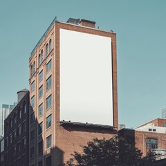 Large blank billboard on urban brick building against clear sky