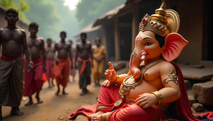 Ganesh Chaturthi celebration with glowing Ganpati idol, devotees in background, warm lighting