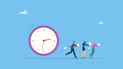 Vector ilustration of business people running away from rolling huge clock. Symbolizes run out of time, work deadline, time countdown or time management.
