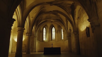 Obraz premium A dimly lit crypt with arched ceilings, stone columns, stained-glass windows, and a simple altar. The atmosphere is serene and ancient