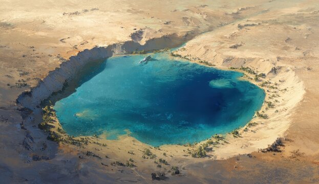 Desert oasis Still water reflects blue sky and the barren landscape on edges