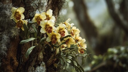 A cluster of yellow orchids blooming on a tree, blending harmoniously with nature.