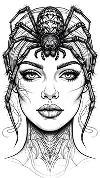 Gothic woman with large spider on head horror fantasy illustration