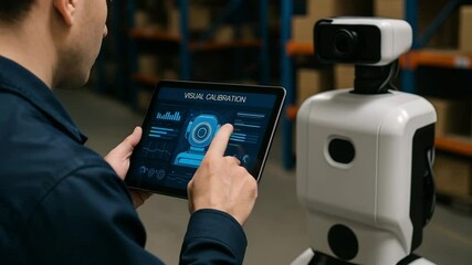 Engineer calibrating a vision-based robot using a digital tablet with futuristic interface in a warehouse environment - Powered by Adobe