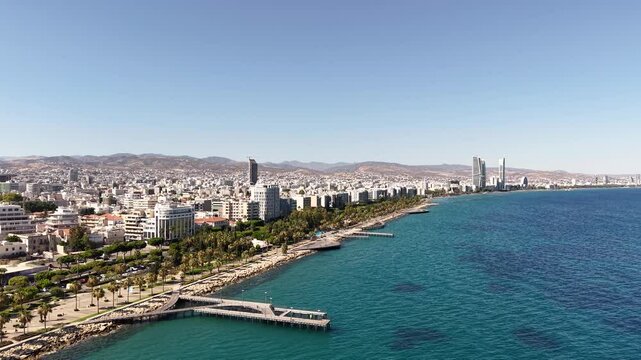 Aerial video of Limassol city coastline in Cyprus Island during summer