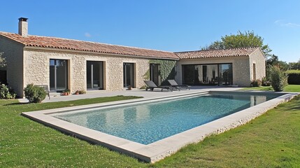 A serene, sun-drenched stone house with a sleek rectangular pool and lush green lawn, embodying modern rustic design