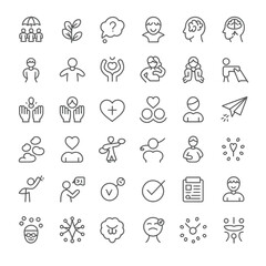 Thirty Six Black Linear Icons Illustrating Human Emotions Relationships Life Concepts Family Values Happiness Thought and More on White Background