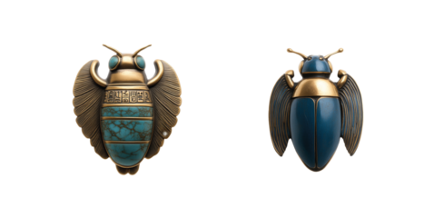 Ancient egyptian-style scarab brooches with detailed gold and blue design