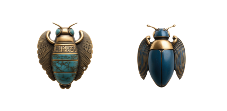 Ancient egyptian-style scarab brooches with detailed gold and blue design